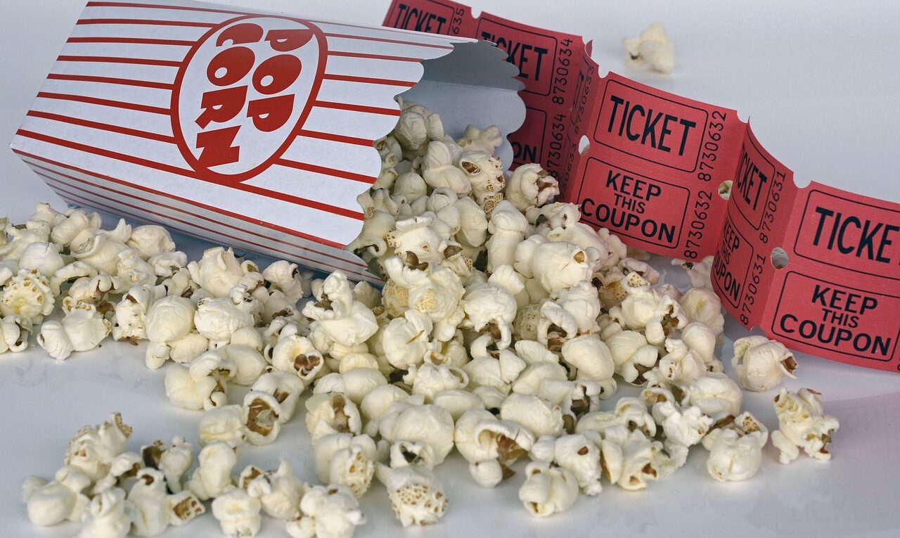 popcorn and tickets at movies